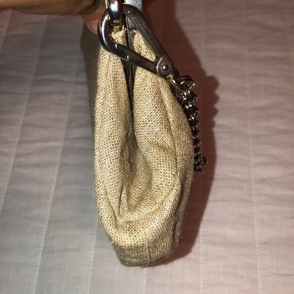 Nine West Shimmer Metallic Burlap Leather Combo Double Link Chain Clutch - Picture 12 of 12